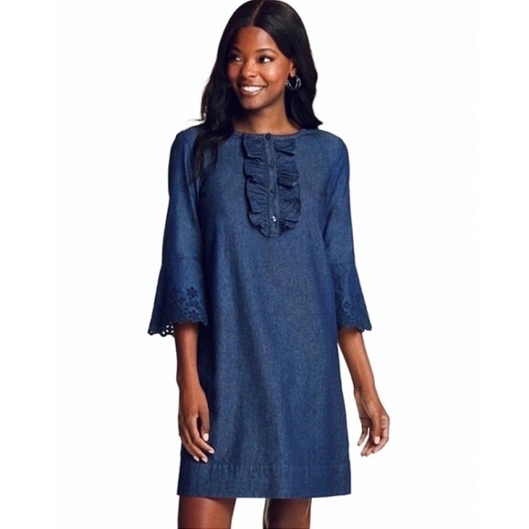 NWOT Draper James Embroidered Chambray Ruffle Shift Dress - Picture 1 of 12